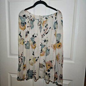 Lucky Brand Floral Keyhole Peasant Blouse Cream Blue Watercolor Print Size Large